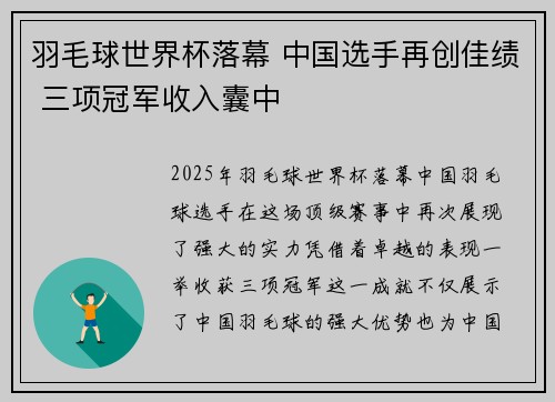 羽毛球世界杯落幕 中国选手再创佳绩 三项冠军收入囊中